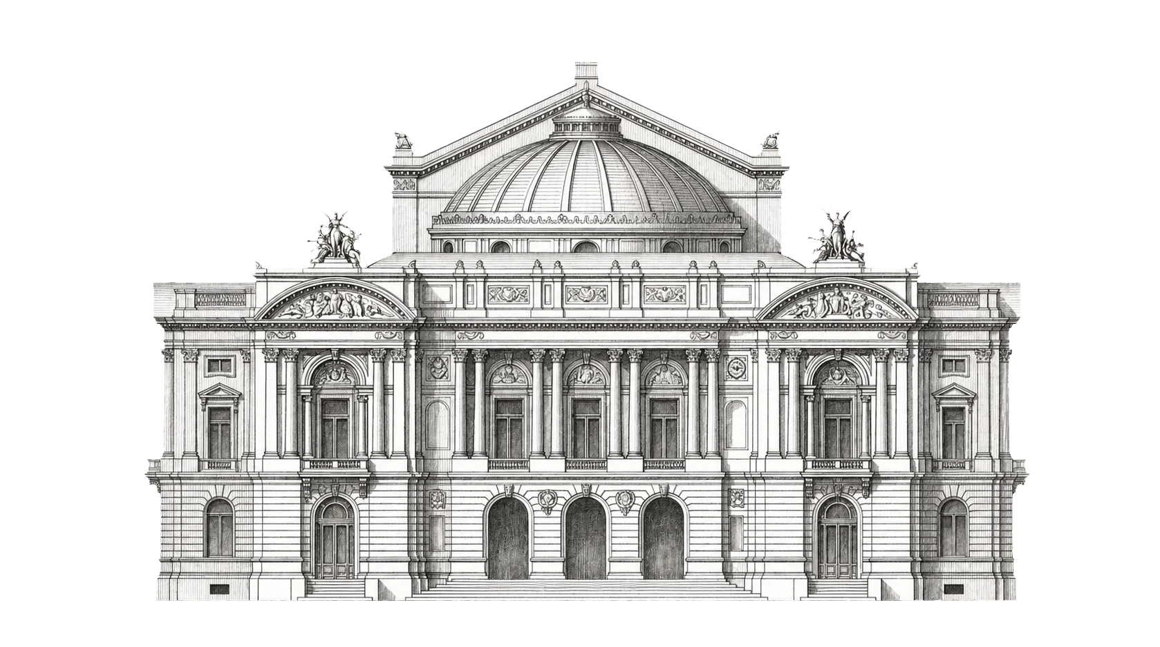 Graphite architectural study of Teatro Colón, Buenos Aires