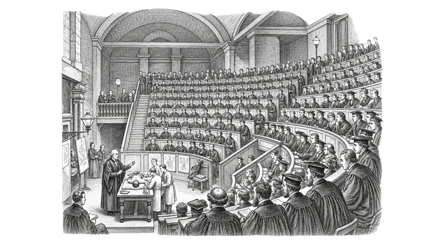 Graphite study of an anatomy lecture amphitheatre