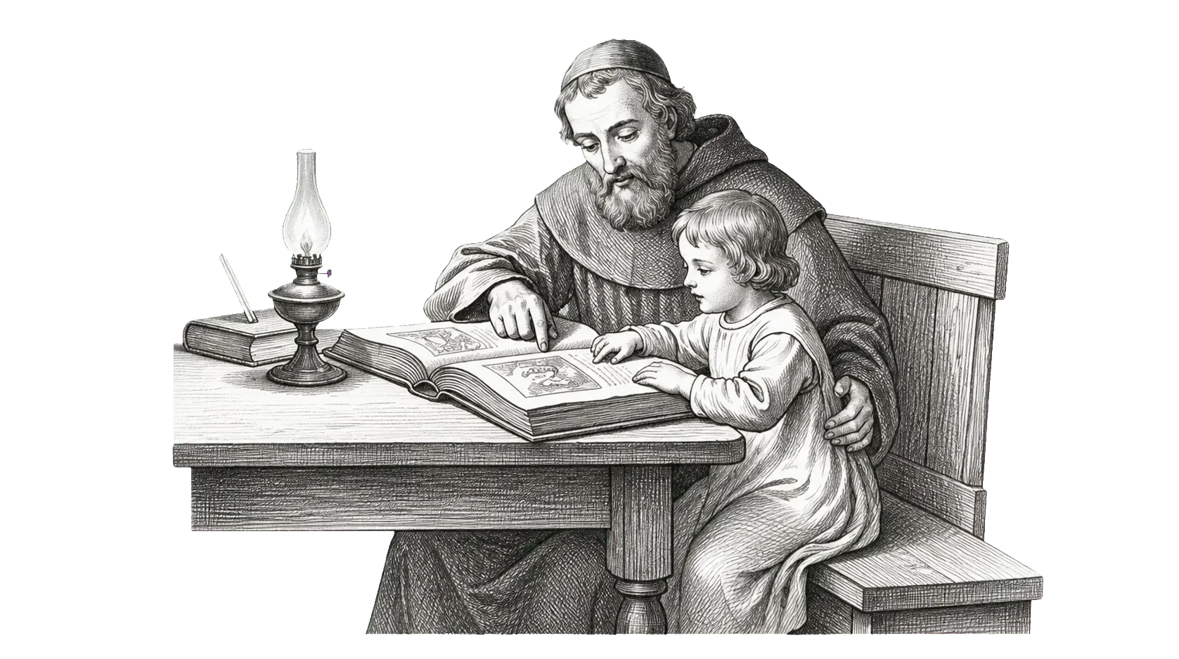 Graphite study of a parent and child reading together